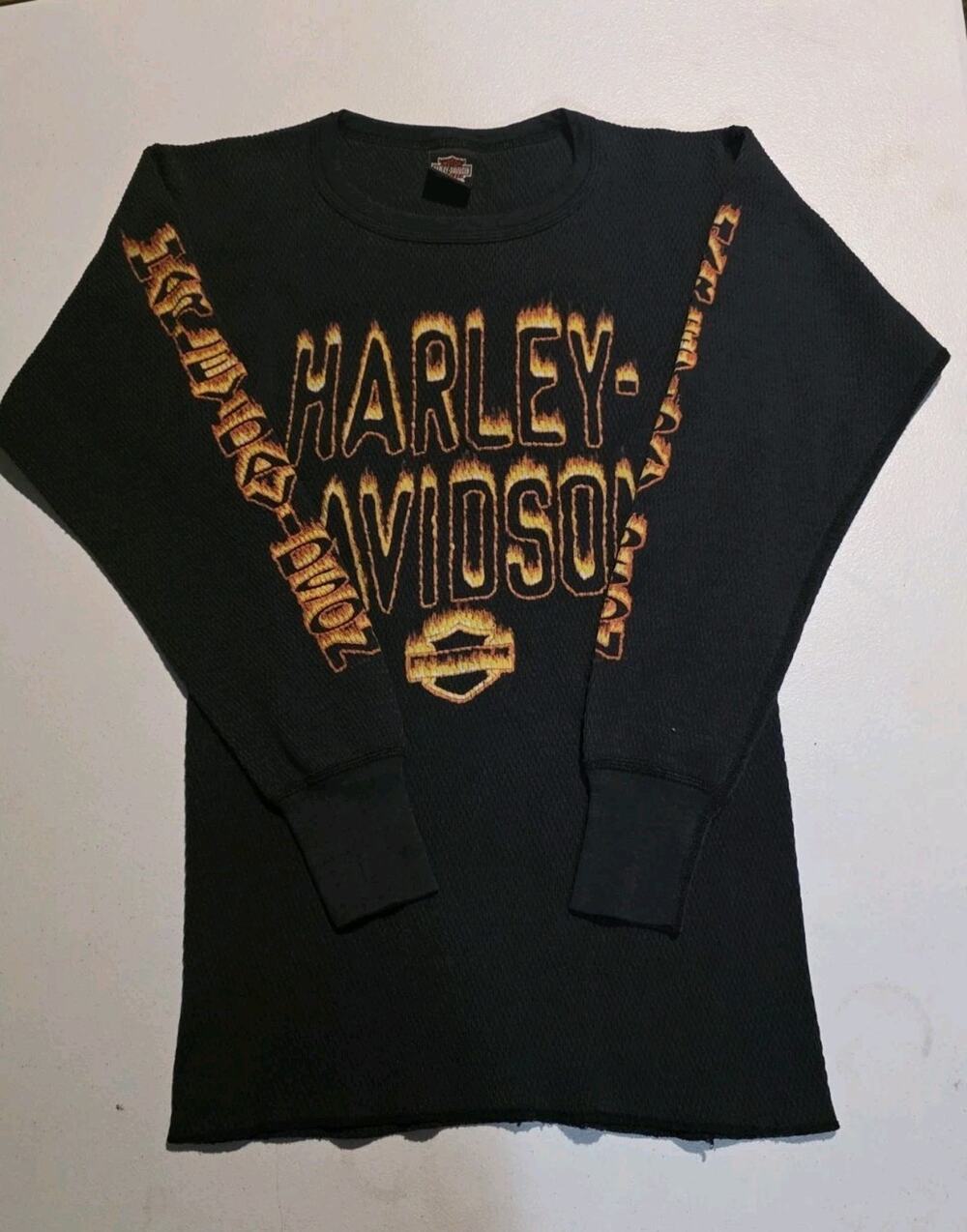 Harley Davidson Thermal Shirt Mens L Made USA Black Flame Eagle Long Sleeve
